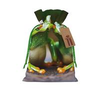 Funny Green Frogs Printed Christmas Drawstring Bags Reusable Bag for Party Xmas Gift Wrapping, Green Ribbon, S