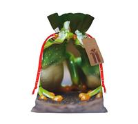 Funny Green Frogs Printed Christmas Drawstring Bags Reusable Bag for Party Xmas Gift Wrapping, Red Ribbon, S