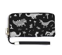 Funny Grey Dinosaurs with Forest Palm Leaves on Black Long Clutch Wallet, Long Handbag with Removable Wristlet Strap, PU Leather Zip Purse, Credit Pass Case Card-Holder for Men Women