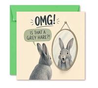 Funny Grey Hare 150mm x 150mm Greeting Card - Cute Rabbit Mirror Illustration with “OMG! Is That a Grey Hare?!” Pun, Luxury FSC Card & Pale Green Envelope