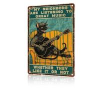 Funny Guitar Cat Music Plaque My Neighbors Are Listening to Great Music Metal Sign Vintage Rock Music Tin Sign Wall Decor for Man Cave Home Bar Pubs Coffee Music Gifts for Men Women Neighbour 20x30cm