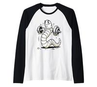 Funny Gym Worm Lifting Weights Cartoon Art Raglan Baseball Tee