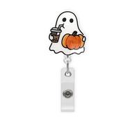 Funny Halloween Badge Reel Retractable, Handheld Drinking Milk Tea Ghost Badge Reels ID Name Acrylic Alligator Holder Clip Name Tag Badge Clip for Nurse, Nursing Student, Teache and Office Worker