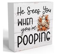 Funny Halloween Bathroom Decor Cute Ghost Table Decorations Spooky Gifts Party Vintage Flower Rustic Pumpkin Wooden Box Sign He Sees You When You're Pooping Decoration 5x5 inch