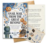 Funny Halloween Card for Penpal, Whimsical Pumpkin Design | Halloween Card Gift for Penpal; “Snail Mail from the”; printed message; blank space; 5.7 x 8.2 in; gummed envelope; stickers