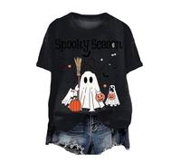 Funny Halloween Pumpkin Ghosts T-Shirt for Women - Short Sleeve Loose Fit Tee, Basic Casual Tunic Blouse, Happy Halloween Costume Top A-Black