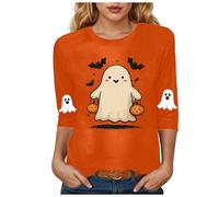 Funny Halloween Shirts Women Cute Ghost Tshirts Plus Size Halloween Costumes 3/4 Sleeve Tops Crew Neck Blouse Pullover Fashion Horror Festival Clothes Outfits Spooky Comfortable Tee Top