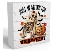 Funny Halloween Skeleton Table Decorations Indoor Spooky Home Decor Gifts Party Vintage Rustic Pumpkin Wooden Box Sign for Dorm Bedroom Bathroom Kitchen Living Room Office 5x5 inch