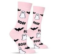 Funny Halloween Socks for Women & Teen Girls - ‘BOO!’Pink Ghost Spooky Fun Cute Womens Novelty Crazy Funky Dress Crew Socks - Halloween Gifts Stockings Costumes