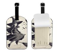 Funny Halloween Witch Flying 1 Print Leatherette Luggage Tag with Secure Strap,Colorful Suitcase Identifier for Travel