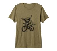 Funny Hand Drawn Scribble Highland Cow Riding a Bicycle Premium T-Shirt
