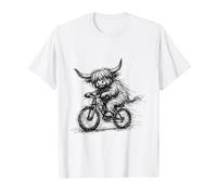 Funny Hand Drawn Scribble Highland Cow Riding a Bicycle T-Shirt
