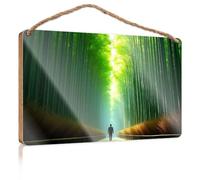 Funny Hanging Sign A Person Stands On A Wooden Path in A Dense Bamboo Forest Hello Winter Sign Western Home Decor(23X35CM)