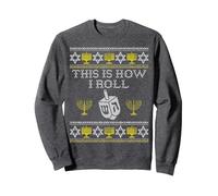 Funny Hanukkah Ugly Sweater Print This Is How I Roll Dreidel Sweatshirt, Adult Unisex, Dark Heather Grey, Large
