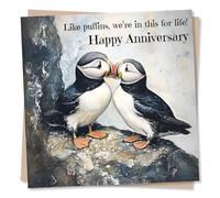 Funny Happy Anniversary Card For a Loved One or Puffin Lover - Puffins, Birds, Atlantic - We're In this For Life - For a Partner, Husband, Wife, Girlfriend, Boyfriend, Special Someone