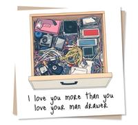 Funny Happy Anniversary or Birthday or Just a Note Card For a Loved one - I Love You More Than You Man Drawer - Light Bulb, Tools - Manliness, Manlihood - For a Partner, Husband, Boyfriend