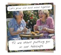 Funny Happy Birthday Card for Loved One - Fun, Tea, Picnic - Let's Grow Old and Mad Together Til We Start Putting Gin in Our Teacups - for Her, Best Friend, Bestie, Sister