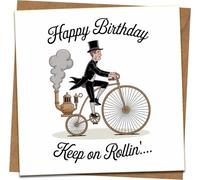 Funny Happy Birthday Card - Keep on Rollin' Vintage Penny-Farthing Bicycle Design, 145mm Square, Steampunk Gentleman, for Him Dad Husband Friend, Includes Kraft Envelope