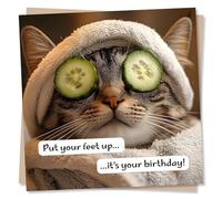 Funny Happy Birthday Card - Put Your Feet Up, It's Your Birthday - Cat On A Spa Day - Birthday Card For Women, Friend, Best Friend, Partner, Relative, Sister, Mother, Aunty