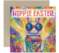 Funny Happy Easter Card for Son Daughter - 'Hippie' Groovy Bunny Rabbit Design - Humorous Holiday Spring Gift for Men Women Wife Husband Family - Blank Inside with Envelope