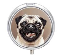 Funny Happy Pug Dog Pill Box,3 Compartments Round Small Pills Case Moisture-Proof Portable Pill Container for Travel Vitamins Fish Oil Supplements