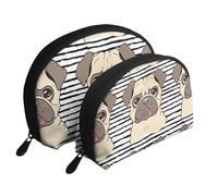 Funny Happy Pug Dog Portable Shell Cosmetic Bag Set - Travel Makeup Organiser with Zipper & Inner Compartments