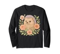 Funny Hedgehog With Flowers Cute Floral Forest Animal Nature Long Sleeve T-Shirt