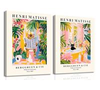 Funny Henri Matisse Bathroom Wall Art Whimsical Black Cat in Bathtub Wall Decor Painting, Eclectic Animal Bathroom Artwork Cute Tabby Cat on Toilet Poster Canvas Prints 16x24 inch Framed