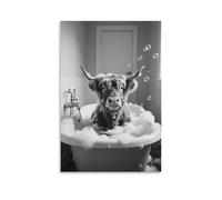 Funny Highland Cattle Picture Poster Bathtub Highland Cattle Bathroom Wall Art Abstract Black And White Animal Poster Retro Wall Art Canvas Print Living Room Bedroom Decor Gift 12x18inch Unframe