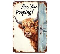Funny Highland Cow Bathroom Decor Sign/Rustic Farmhouse Metal Tin Wall Art, "Are You Pooping" Quote, for Restroom/Bar/Western Home Decor, Gag Gift