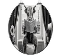 Funny Highland Cow Bull Round Toilet Seat Resin Colored Black White Reading Newspaper Quick Release Hinges with Cover Easy to Install Decorative Bathroom