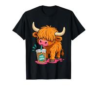 Funny Highland Cow Drinking Iced Coffee Fluffy Farm Animal T-Shirt