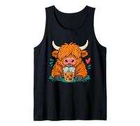 Funny Highland Cow Drinking Iced Coffee Fluffy Farm Animal Tank Top