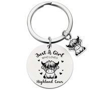 Funny Highland Cow Gifts Keychain - Just A Girl Who Loves Animal Keyring for Women, Cute Cartoon Lover Stainless Steel Pendant for Mum Sister Friend Silver