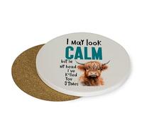 Funny Highland Cow “I May Look Calm But In My Head I’ve Killed You 3 Times” | Gift for Friends,Tableware, Coffee, Tea, Drink Coaster (Round Ceramic Coaster)