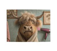 Funny Highland Cow in Bathrobe - 500 Piece Wooden Puzzle for Adults - Quirky Animal Humor Scene