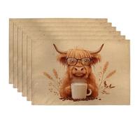 Funny Highland Cow Placemats, Beige Rustic Animal Place mats for Dining Table, Non-Slip Washable Indoor Outdoor Party Decorative Placemat Set of 6