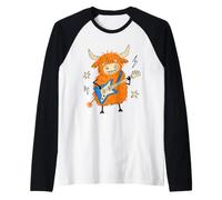 Funny Highland Cow Playing Electric Guitar Cute Rock Music Raglan Baseball Tee