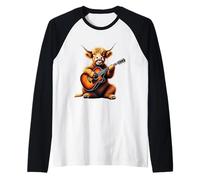 Funny Highland Cow Playing Guitar Design for Music Lovers Raglan Baseball Tee