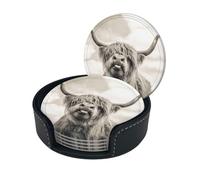 Funny Highland Cow Print Coasters For Drinks With Holder Set Of 6, Pu Leather Coasters Drink Coasters Cup Pad Mats