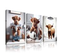 Funny Highland Cow Wall Art,Western Bathroom Decor Wall Art,Funny Bathroom Artwork Ready to Hang for Bedroom Restroom Toilet,12x16inchx3pcs,Framed