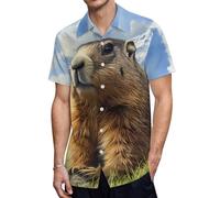 Funny Himalayan Groundhog Men's Button Down Shirt Casual Short Sleeve Shirts Beach Summer Shirt with Pocket