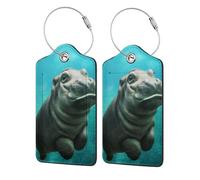 Funny Hippo,Luggage Tags Pu Leather Name Tag Travel Suitcase Identifier ID Tags Durable Luggage Label 2 pcs