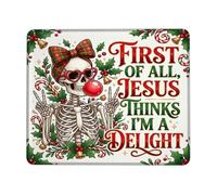 Funny Holiday Skeleton Quote Christmas Small Mouse Pad | Plaid Bow, Heart Glasses, Holly Leaves, Candy Canes, Humorous Quote, Seasonal Office Decor