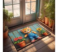 Funny Home Decor A Cute Kitten In Overalls Stands Between Two Flower Pots Doormat Winter Door Mat Outdoor Home Sweet Home Door Mat(40X60CM)