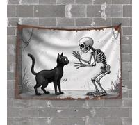 Funny Home Decor Black Cat Meets Skeleton: A Spooky Encounter Tapestry Room Accessories for Teen Boys Decorations for Bed(100X150CM)