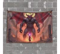 Funny Home Decor Devil'S Challenge: A Hero'S Stand Against The Giant Demon Tapestry Beer Decorations For Man Cave Aesthetic Stuff(100X150CM)