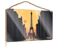 Funny Home Decor For Door Romantic Sunset Stroll Under The Eiffel Tower Silhouette Wooded Sign Outdoor Patio Decor Fall Porch Sign(20X30CM)