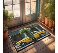 Funny Home Decor Man In Uniform With Plant Instead Of Head Next To Yellow Taxi Doormat Welcome Mats For Front Door Outdoor Anti Slip Mat(65X90CM)