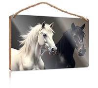 Funny Home Decor Signs Two Majestic Horses: White And Black Wooden Sign Home Signs For Front Porch Office Decor(23X35CM)